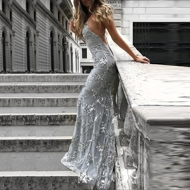 Vneck Glitter Sequin Shiny Club Party Dress Spring Crisscross Tie Up Long Mermaid Dress Summer Hollow Sling Maxi Dresses