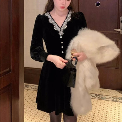 Evening Party Dresses Black Velvet Mini Dress Vneck Long Sleeve Aline French Autumn New Prom Vestidos Mujer