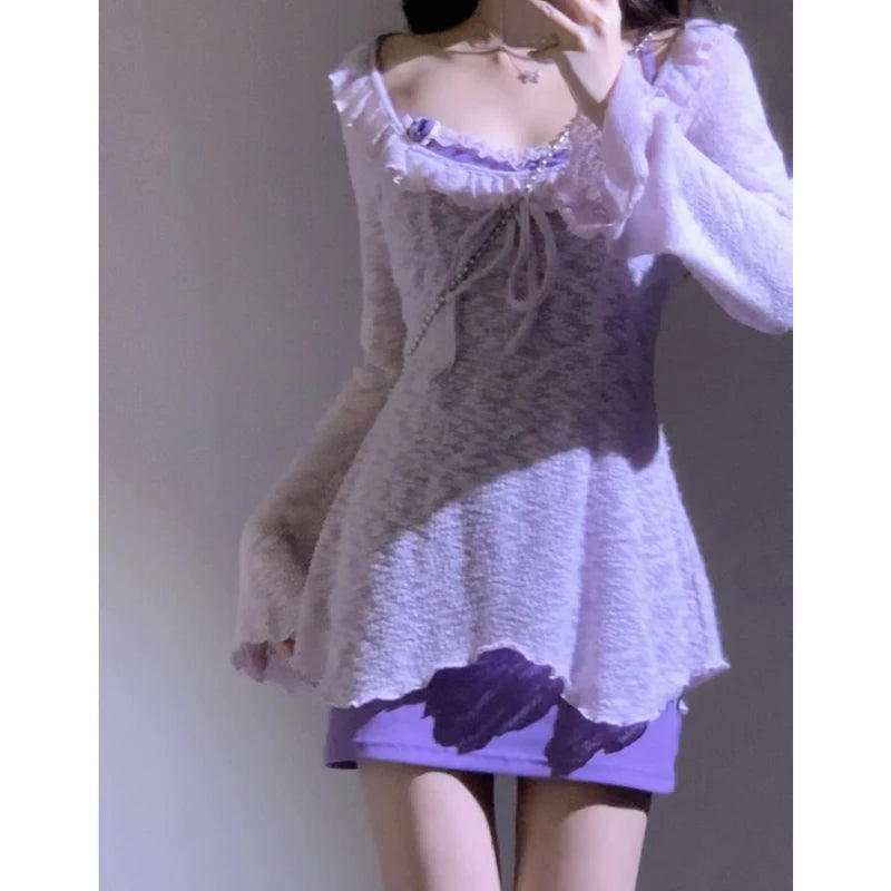 Beach Style Vneck 2 Piece Dress Sets Long Sleeve Y2k Mini Dress Even Party Summer Korean Outwear