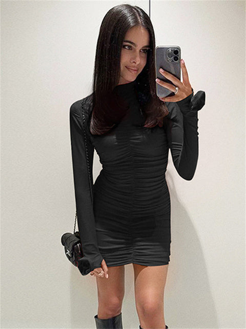Slim Pleated Mini Dress ’s Long Sleeve High Waist Y2k Dress Female Autumn Clothes Mini Dress