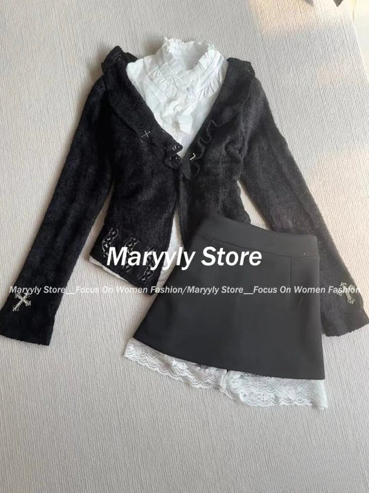 Autumn Y2k Gothic Outfits Long Sleeve Cardigan Coat + Ruched Hollow Out Shirts+ Lace High Waist Mini Skirts 3 Piece Sets
