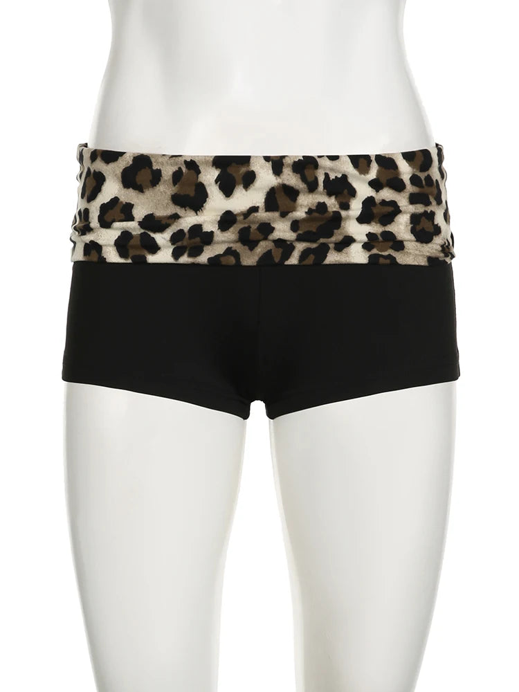 Contrast Patchwork Leopard Low Waist Slim Booty Shorts Baddie Outfits
