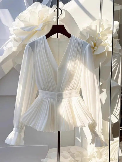 Youth Pleated White Long Sleeve Button Up Shirt V Neck Ruffle Tunic Basic Blouse Chiffon Lady Office