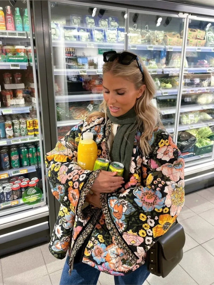 Flower Printed Spliced Coat for Long Sleeve Thick Warm Cotton Jacket Autumn Winter