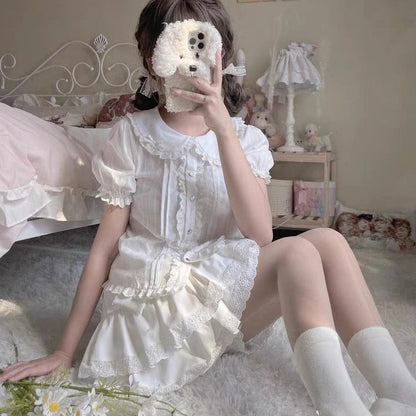 Fairy Skirt Summer Japanese Soft Girl Bow High Waist Cake Skirt Lace Short Skirt Student Versatile Half Skirt