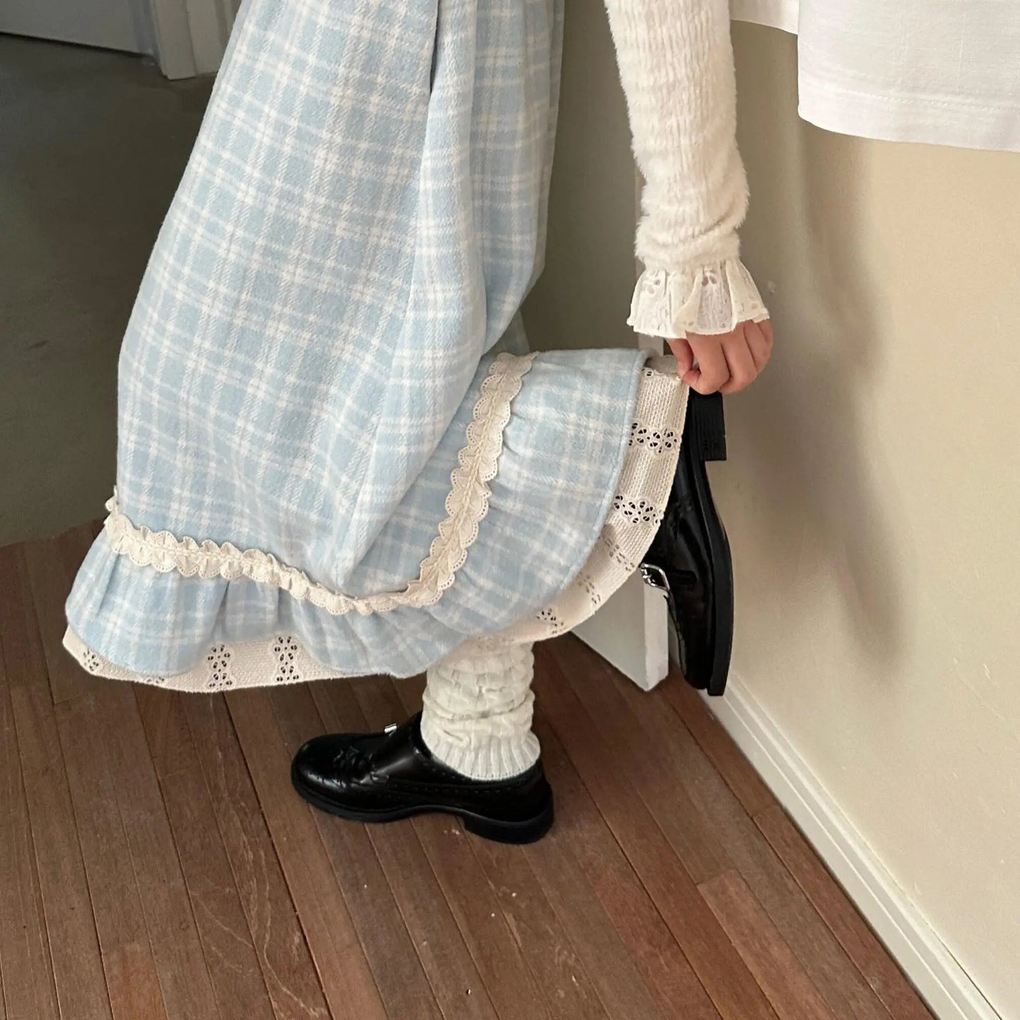 Blue Plaid Woolen Retro Plaid Lace Skirt Autumn Winter New High Waist Slimming Aline Mid Length Long Skirt