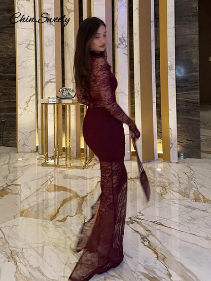 Lace Patchwork Long Dresses Slim Turtleneck Hollow Out Slit Party Dress Female Spring Slim See Through Robe New