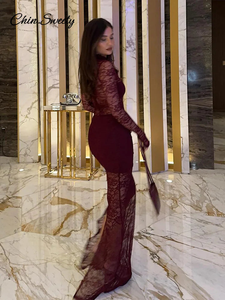 Lace Patchwork Long Dresses Slim Turtleneck Hollow Out Slit Party Dress Female Spring Slim See Through Robe New
