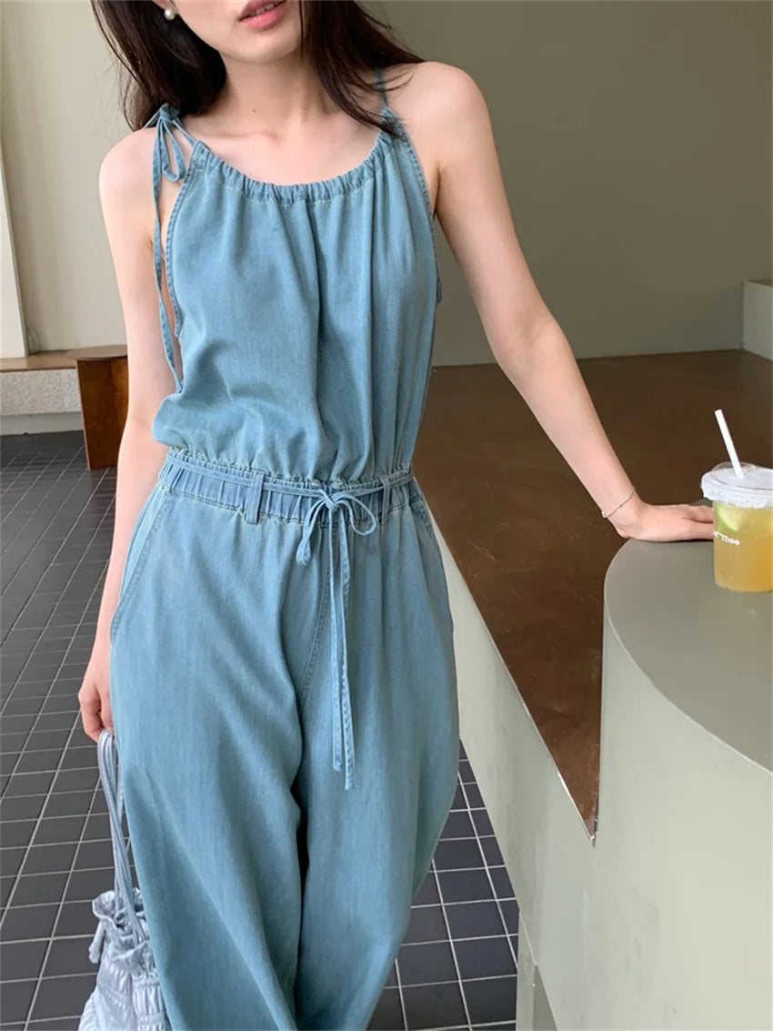 Stylish Rompers Loose High Street Summer Mujer Office Lady Halter Slim New Jeans Jumpsuits