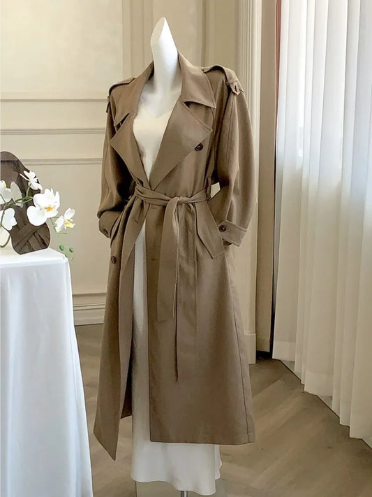 Autumn British Style Long Trench Lapel Double Breasted Coat With Belt Korean Windbreaker Outerwear Jackets