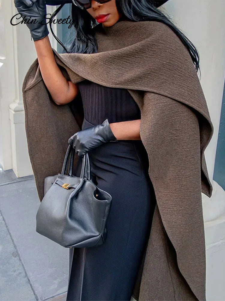 Irregular Cloak Coat Half Sleeve O Neck Scarf Loose Female Jacket Winter Lady Thick Overcoat New
