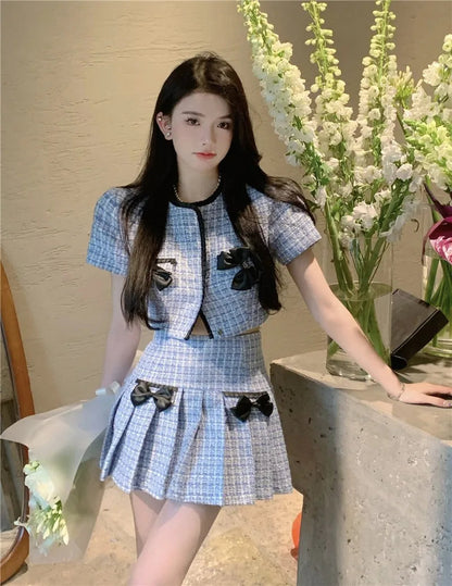 Sweet Hot Girl Suit Autumn Bow Slim Short Coat High Waist Aline Mini Skirt Twopiece Set Female Clothes