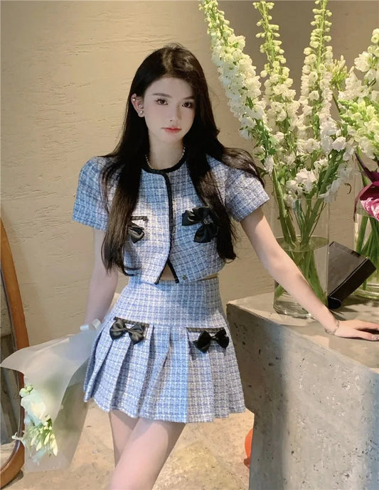 Sweet Hot Girl Suit Autumn Bow Slim Short Coat High Waist Aline Mini Skirt Twopiece Set Female Clothes