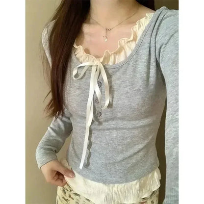 T-shirts Slim Sweet College Korean Spring Soft Leisure Cropped Spliced Designed Daily