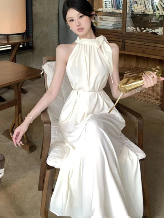 Summer Spring French Halter Dresses Off Shoulder Birthday Party Midi Dress Female Holiday Loose Vestidos