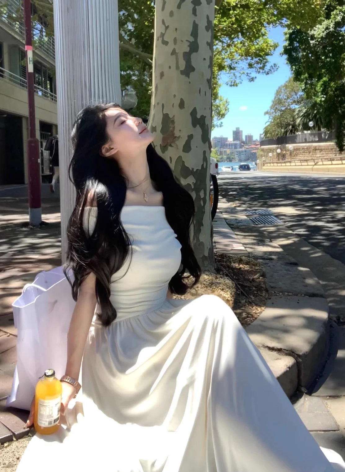 White Long Dresses Fairycore Slash Neck Inclined Shoulder Vestidos Summer Laceup Ruched Trumpet Dress