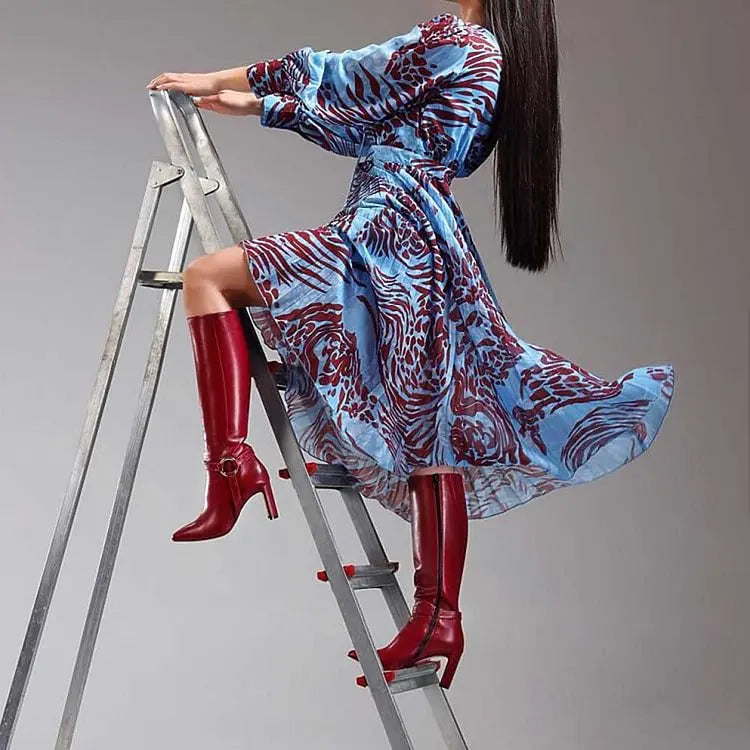 Burgundy Pointed Toe Heeled Knee High Boots With Ring Buckle Shoes Autumn