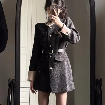 Autumn Winter Mini Dresses for With Belt Turn-down Collar Patchwork O-neck Korean Blazer Dress Vestidos