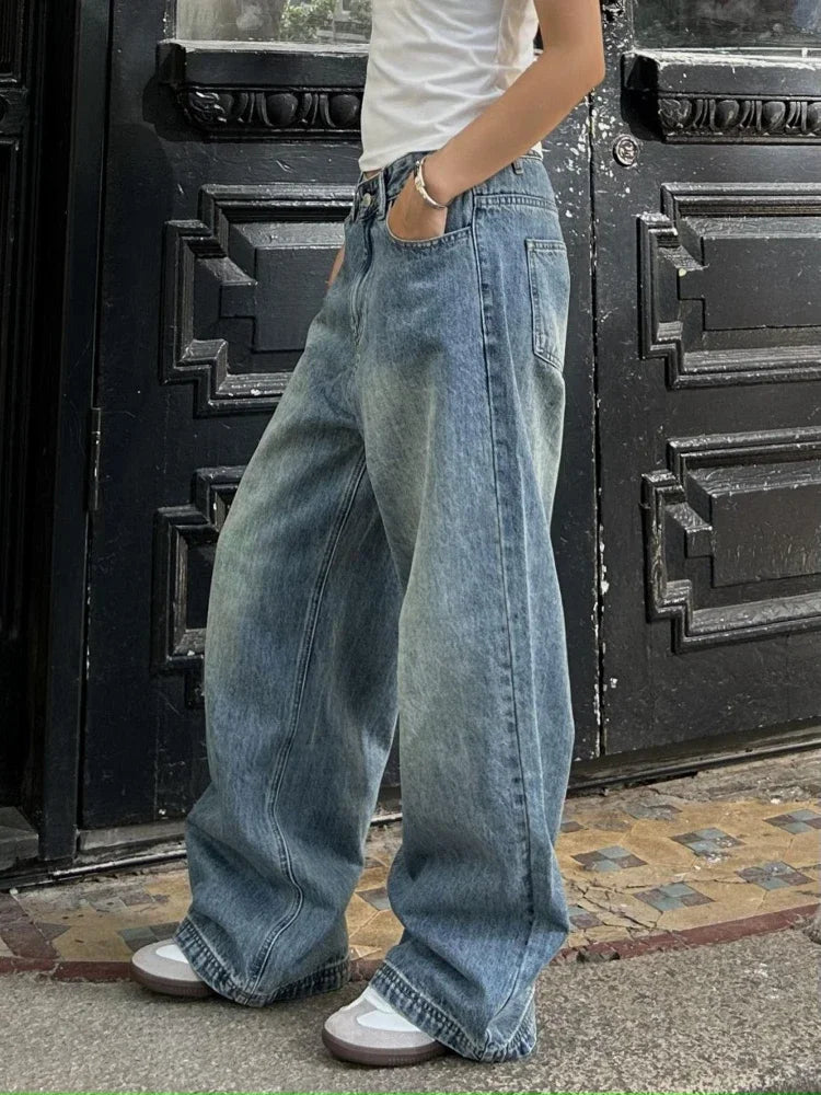 Blue High Waisted Denim Pants Harajuku Y2k Loose Kpop Straight Leg Jeans Hip Hop Trouser