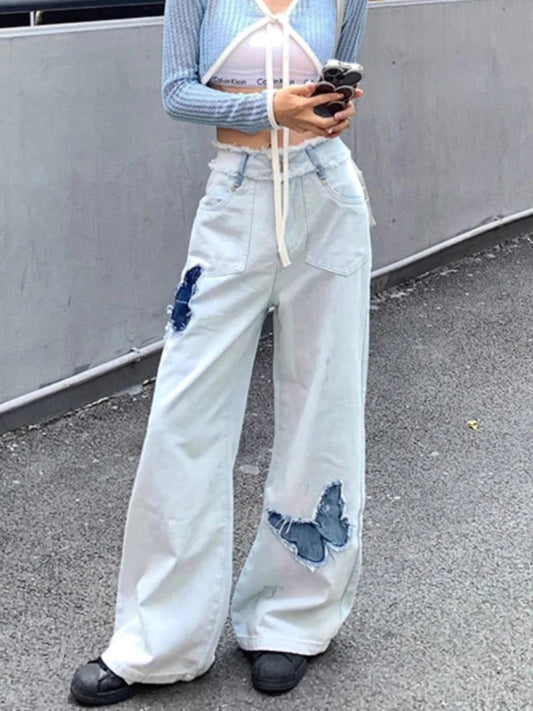 Blue Jeans Y2k Loose Butterfly Patchwork Causal High Waist Denim Pants Retro Bottoms