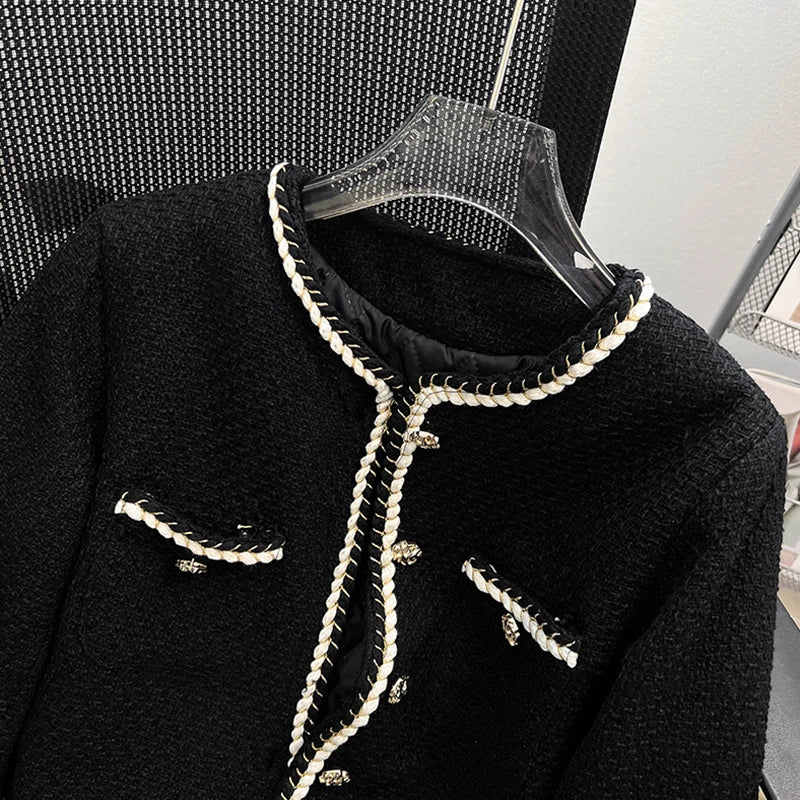 Black Tweed Jacket Cropped Quilted Coat Commute Blazer Winter Korean Thicken Short Outerwear