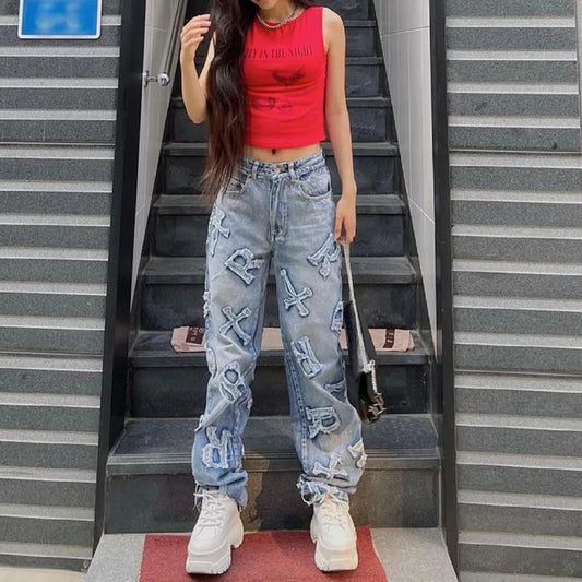 Patchwork Jeans Y2k Baggy Straight Cargo Pants Punk High Waist Wide Leg Denim Trousers 90s