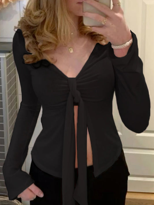 Black Tie V Neck Split Slim Blouses Flared Long Sleeve Basic Spring Autumn Shirts