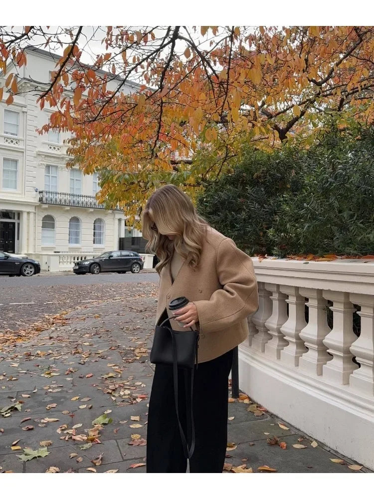 V-neck Khaki Thicken Wool Jacket Autumn Winter Loose Blend Coat Female Warm Outfit Coats for