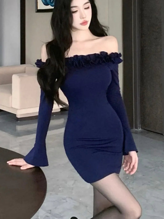 French Sweet Mini Dress Slash Nech Flare Long Sleeves Bodycon Birthday Party Dress Female Short Vestidos