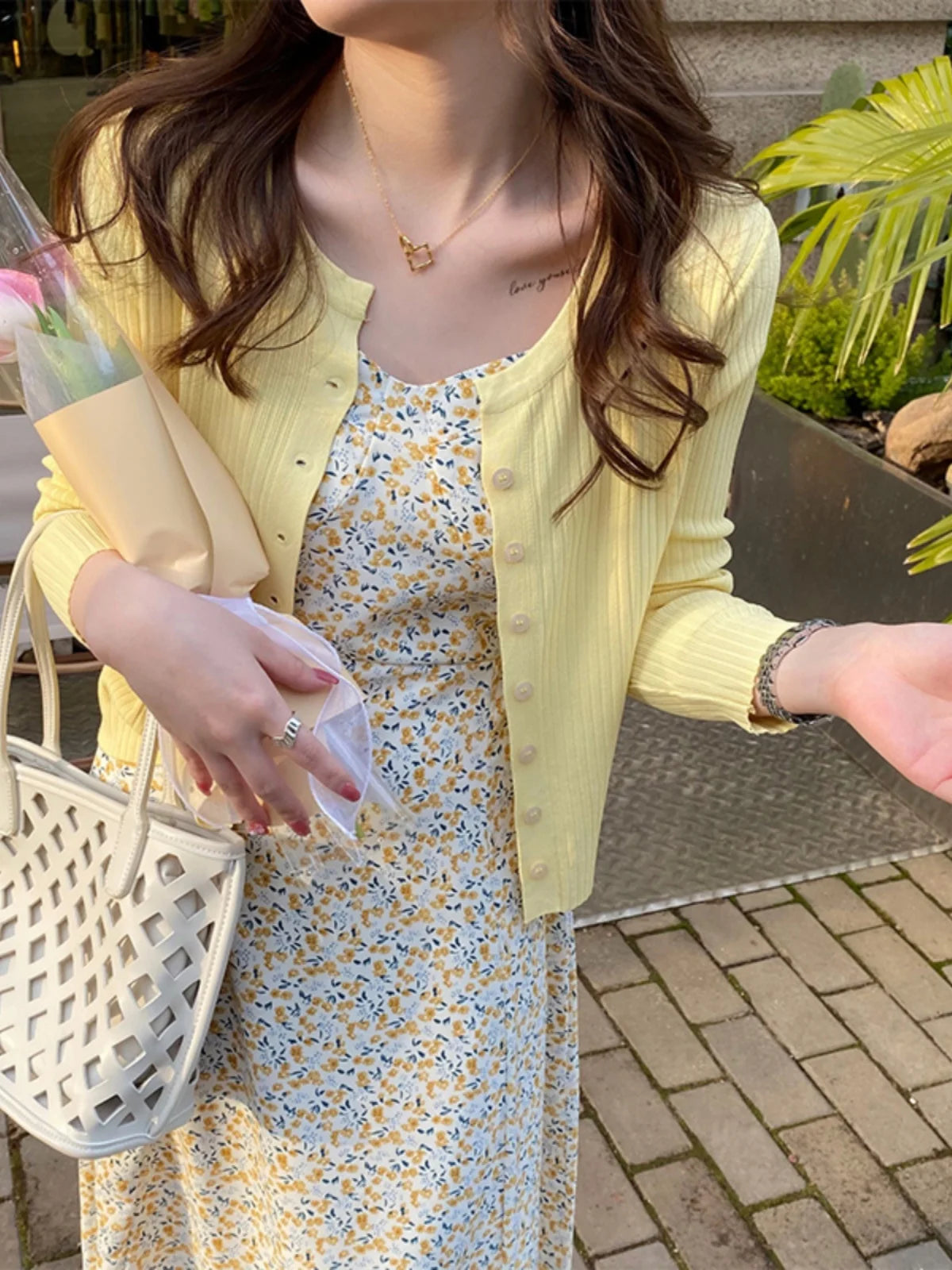 Knitted Cardigan With Camisole Skirt, Thin Outer Layer for Summer Yellow Short Cover Up, Shawl Sun Protection Jacket Top