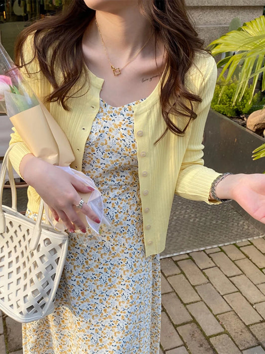 Knitted Cardigan With Camisole Skirt, Thin Outer Layer for Summer Yellow Short Cover Up, Shawl Sun Protection Jacket Top