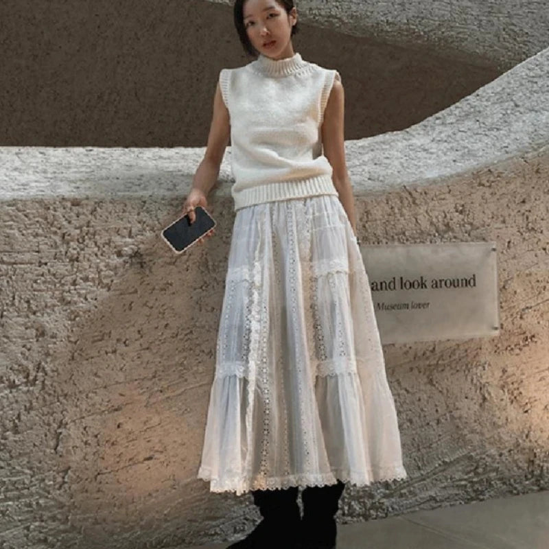 Korean Retro Lace Splicing Loose Midlength Skirt Spring New High Waist Hollow Color Aline Skirt
