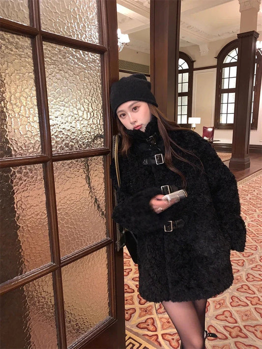 Sweet Hot Girl Stand Collar Belt Buckle Lamb Wool Coat Autumn/winter Doublesided Thick Jacket Female Clothes