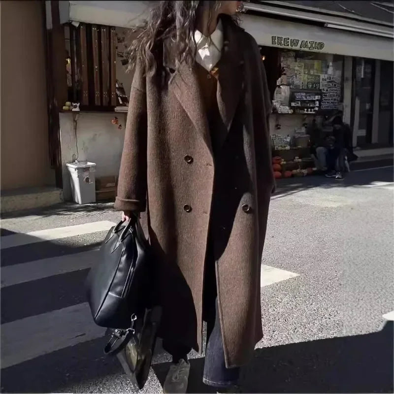 New Wool Blend Coat Mid Long Woolen Blazer Thick Warm Blouse Overcoat Office Lady Tops Autumn Winter