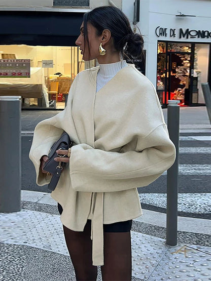 Woolen Long Sleeve Coat With Belt Loose V-neck Short Overcoat Autumn Lady Thick Warm Outwear