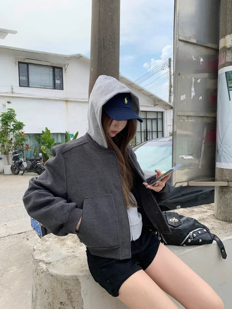 Baseball Woolen Coat Cropped Bomber Jacket Oversized Loose Korean Uniform Winter Clothes