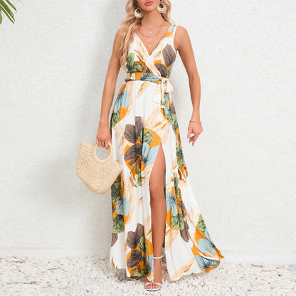 Summer Flower Print Sleeveless Long Dresses V-neck Slim Leace-up Slit Dress Female Commuting Vacation Vestido