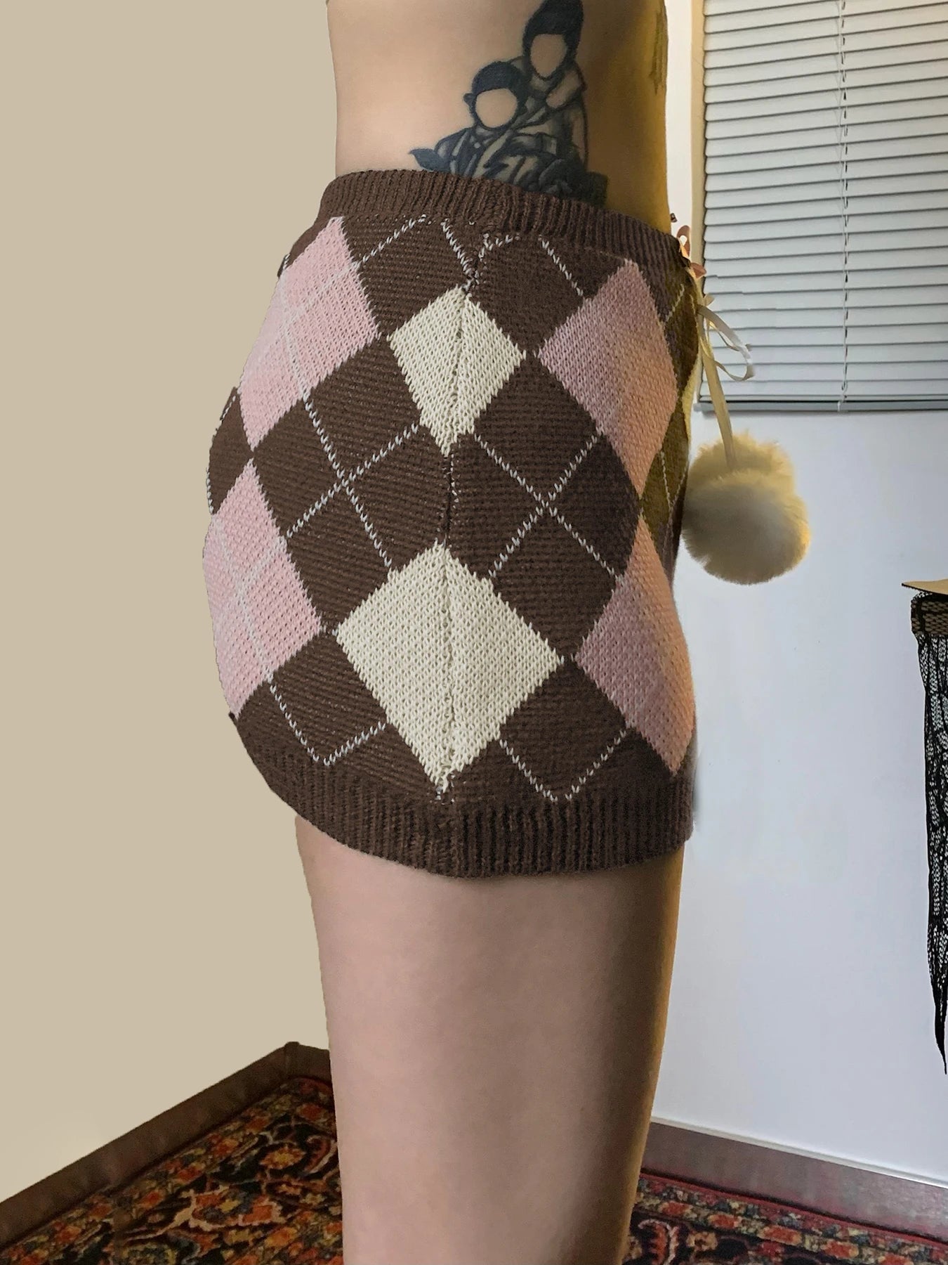 Autumn Knitted Sweet Rhombus Plaid Skirts Plush Ball Lace Up Bow Mini Skirts