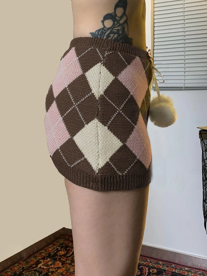 Autumn Knitted Sweet Rhombus Plaid Skirts Plush Ball Lace Up Bow Mini Skirts