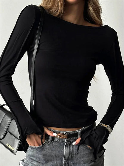 Patchwork Inner T-shirt Top for High Waist Slim Irregular Ruched Female Commute Tee