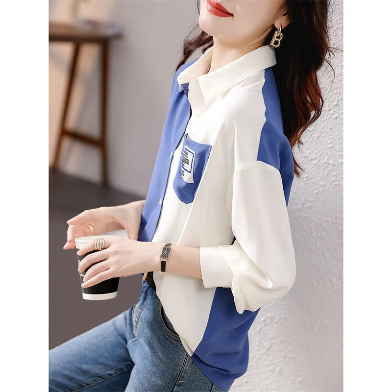 Woman Spring Autumn Style Blouses Shirts Lady Long Sleeve Turn-down Collar Patchwork Printed Blusas Tops Df4852