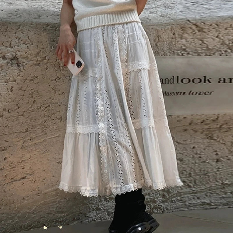 Korean Retro Lace Splicing Loose Midlength Skirt Spring New High Waist Hollow Color Aline Skirt
