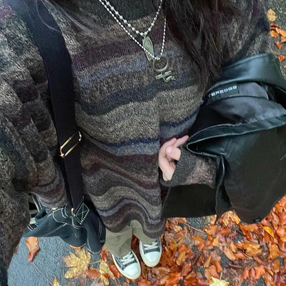 Preppy Grunge Retro Striped Knitted Sweater Autumn O Neck Full Sleeve Jumpers Fairycore Y2k Aesthetics Grandpa Pullovers