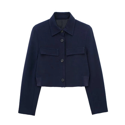 Spring Lapel Cropped Jacket Woman Long Sleeve Fake Pockets Coat Female Single Breasted Jackets