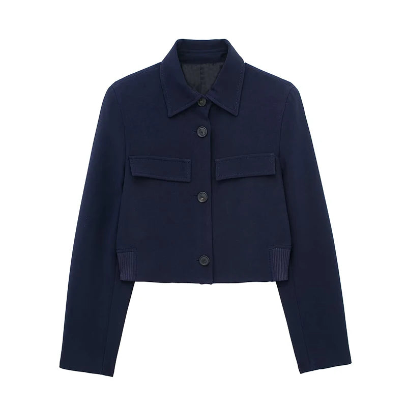Spring Lapel Cropped Jacket Woman Long Sleeve Fake Pockets Coat Female Single Breasted Jackets