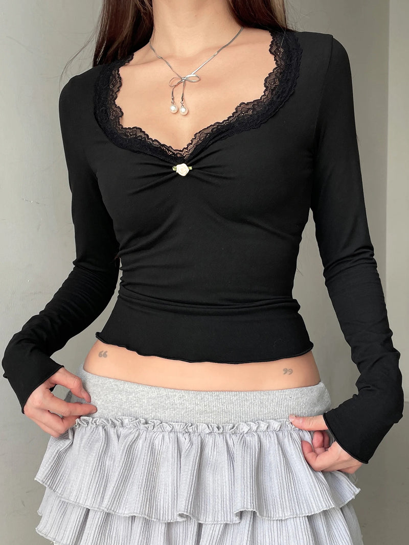 Ruched Lace Trim Square Collar T-shirt Slim Long Sleeve Hotsweet Retro Autumn New Top Tees
