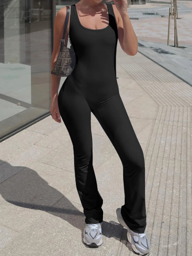 Backless Skinny Black Jumpsuits for Sleeveless Square Collar Rompers Rave Summer Vacation Baddie Outfits