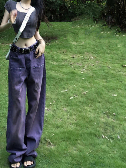 Woman Aesthetics Jeans American Style Denim Gyaru Pants High Street Tide Floorlength Wide Leg Straight Leg Tiedyed
