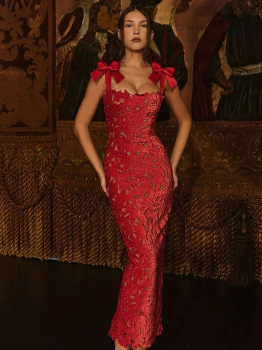 Bows Lace Maxi Dress for Sleeveless Backless Bodycon New Year’s Birthday Club Party Long Dress