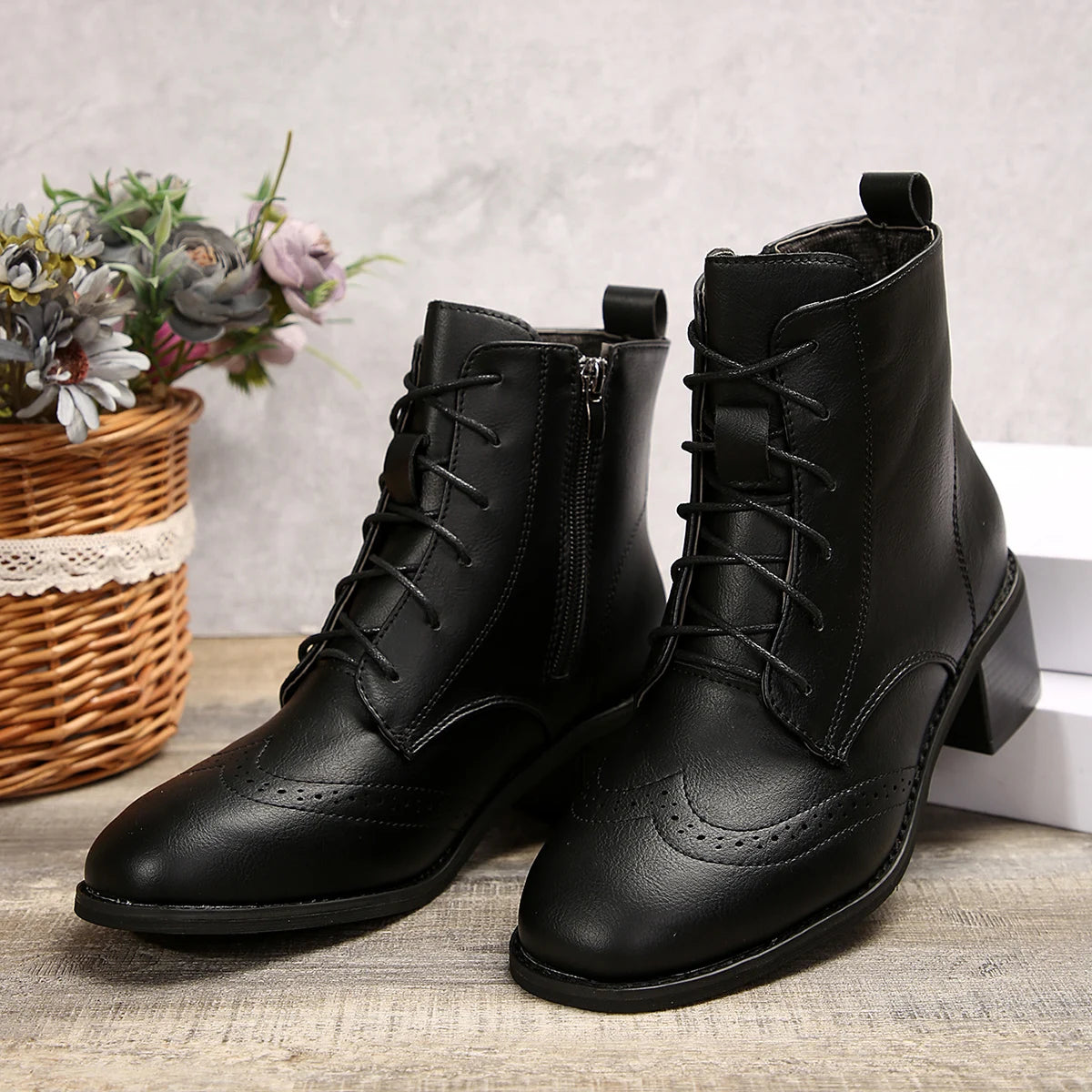 Square Head Splice Lace Up Versatile Autumn Winter Square Med Heel Ankle Boots Lace Up Zipper Pumps Leather Shoes